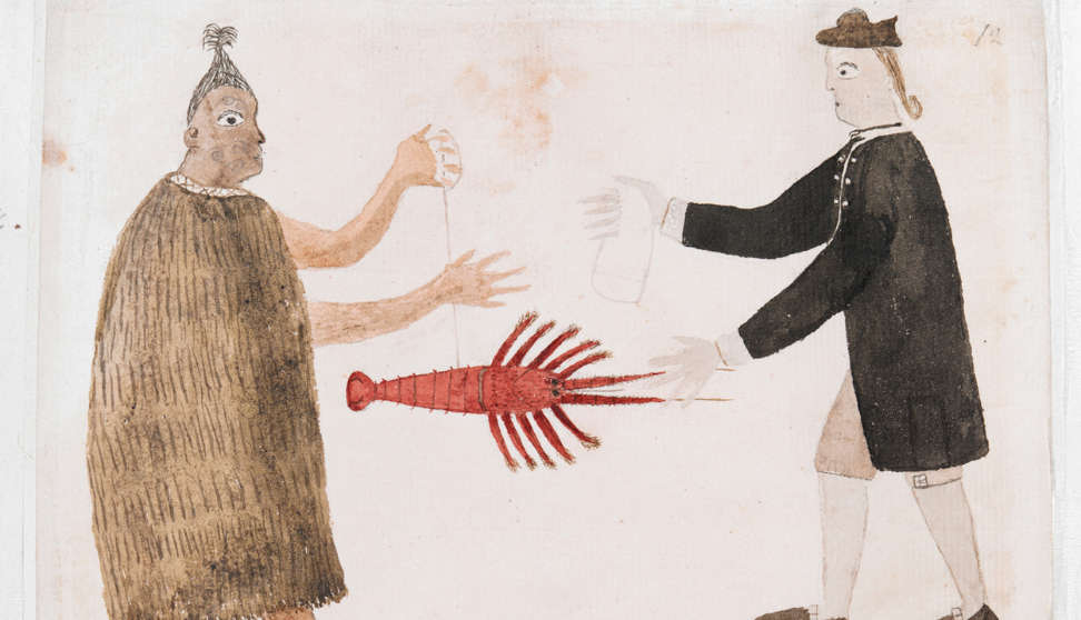 Illustration of two people facing each other, with a red crustacean-like creature between them.